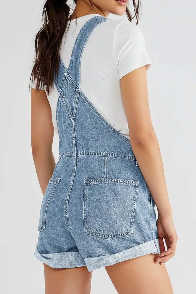 Neck Wide Strap Denim Overalls Crisscross Back Bib Overalls