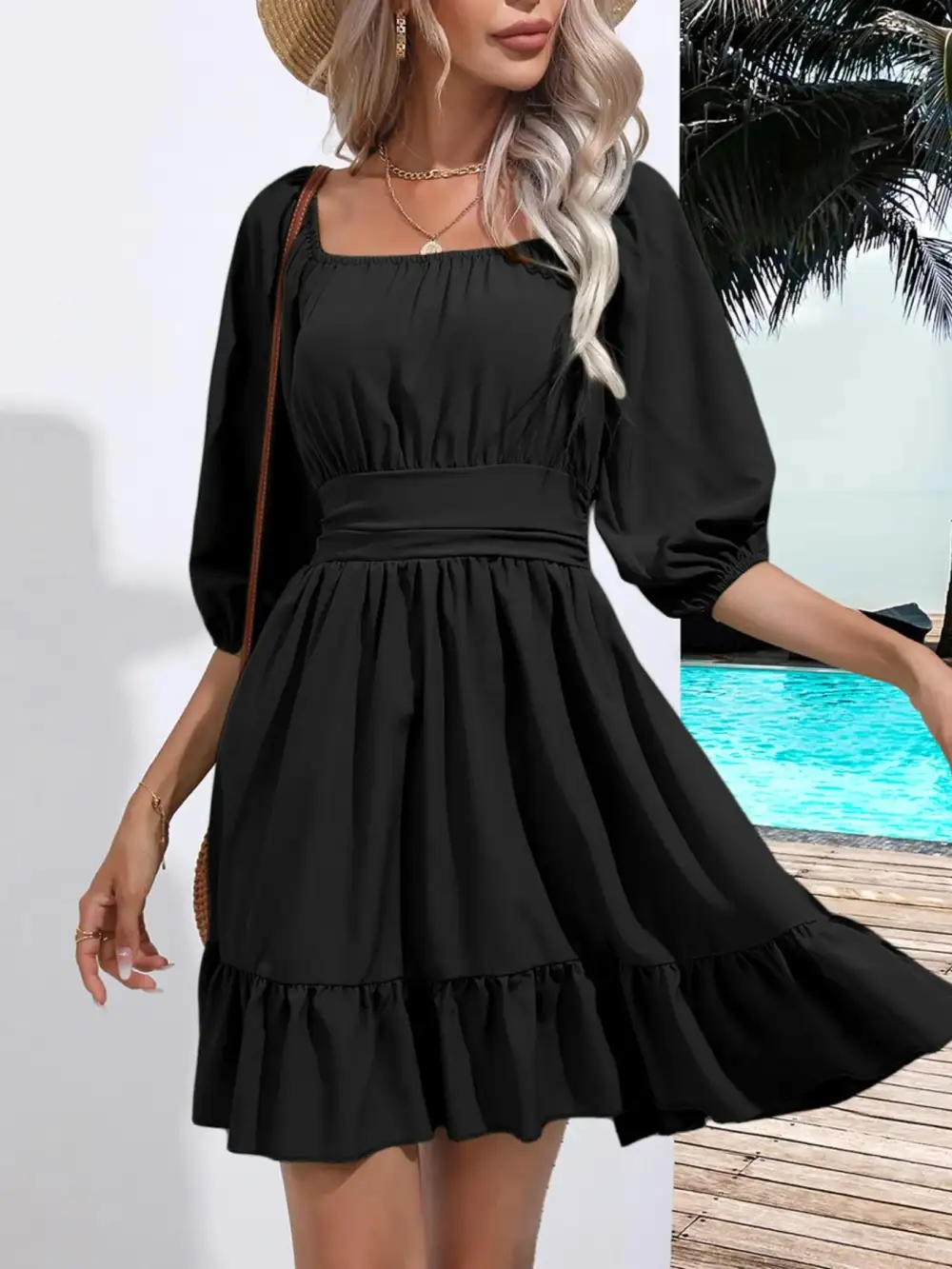 Smooth Finish Square Neck Ruffle Dress