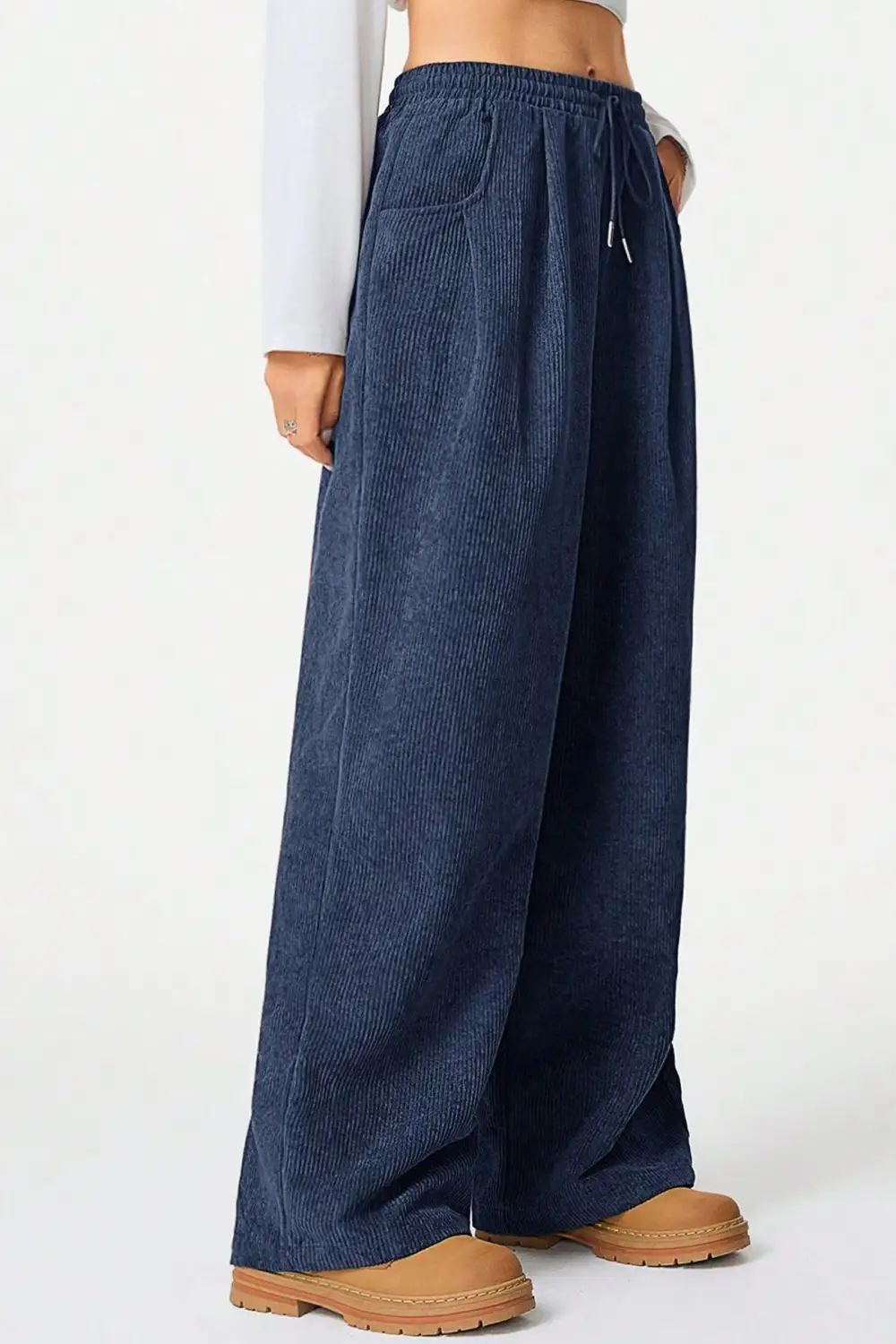 Relaxed Drawstring Wide Leg Flannel Pants