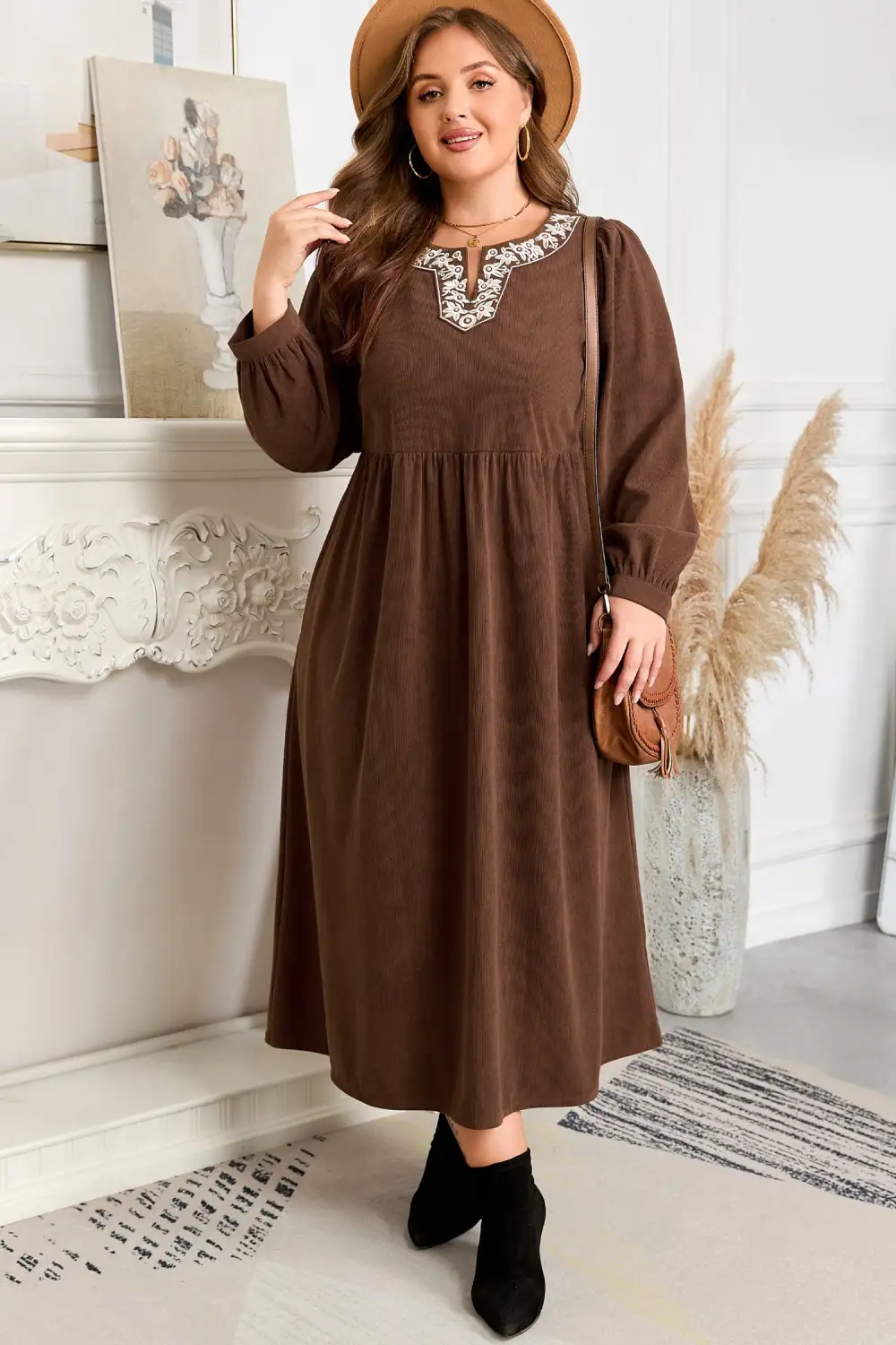 Embroidered Split Neck Pleated Midi Dress
