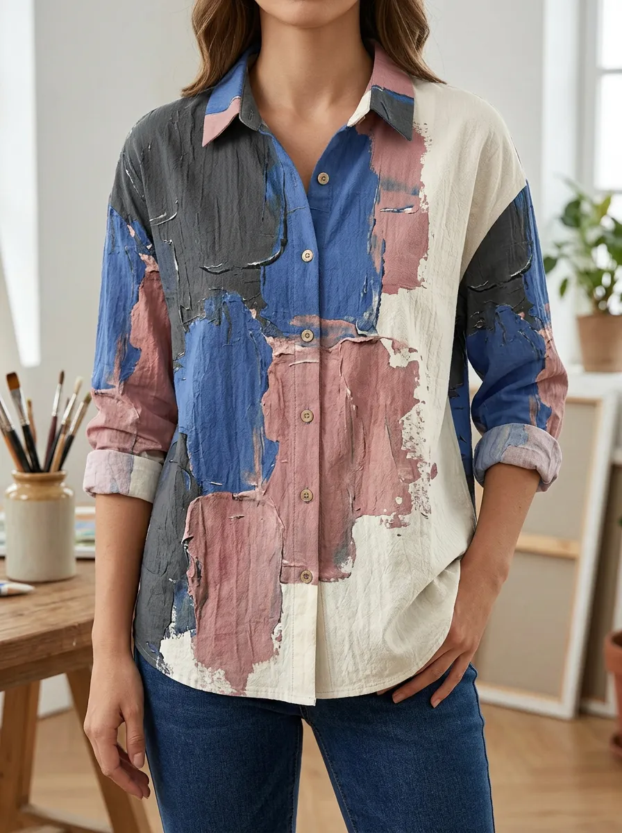 Women's Dynamic Abstract Art Style Colorblock Shirt