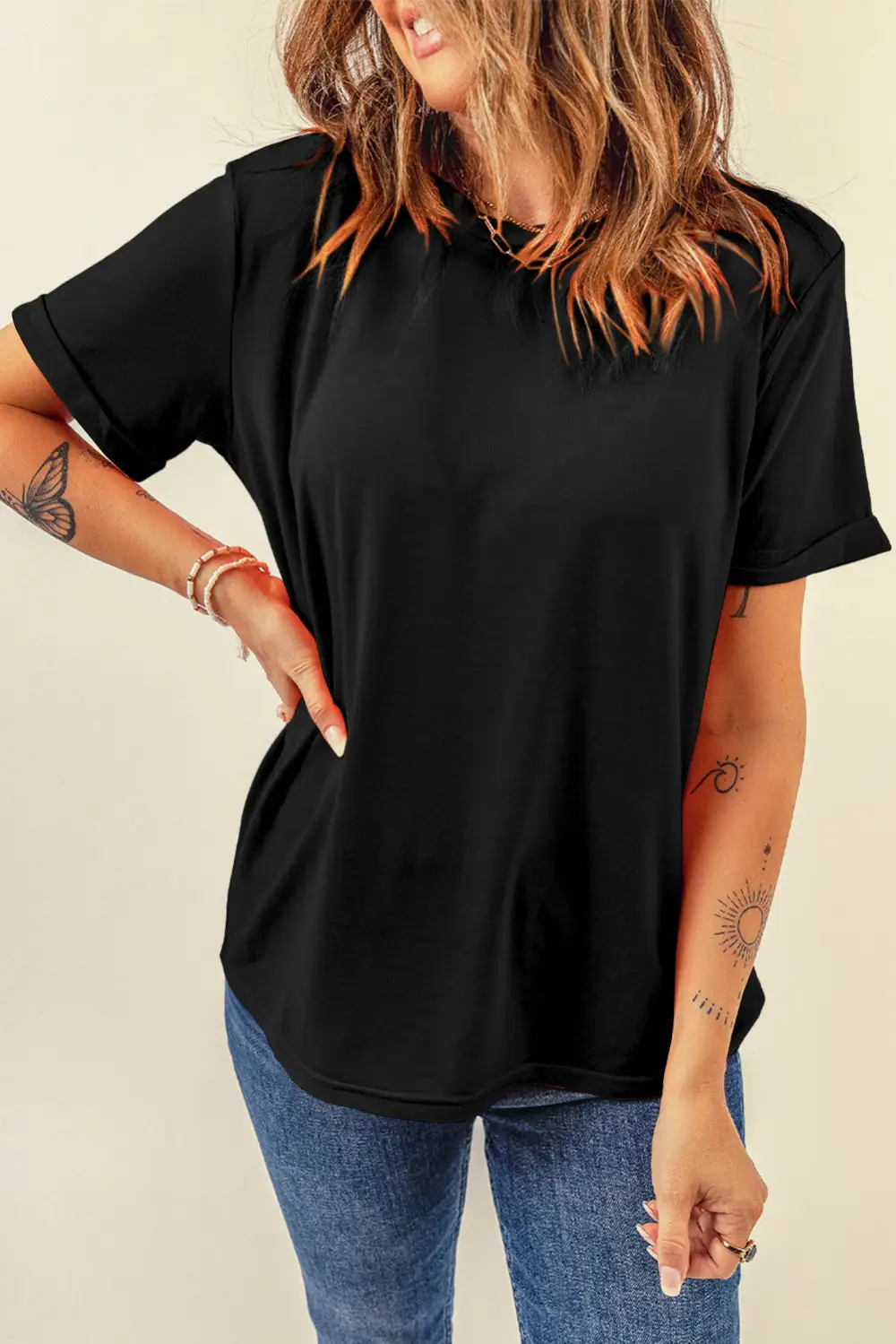 Black Casual Plain Crew Neck