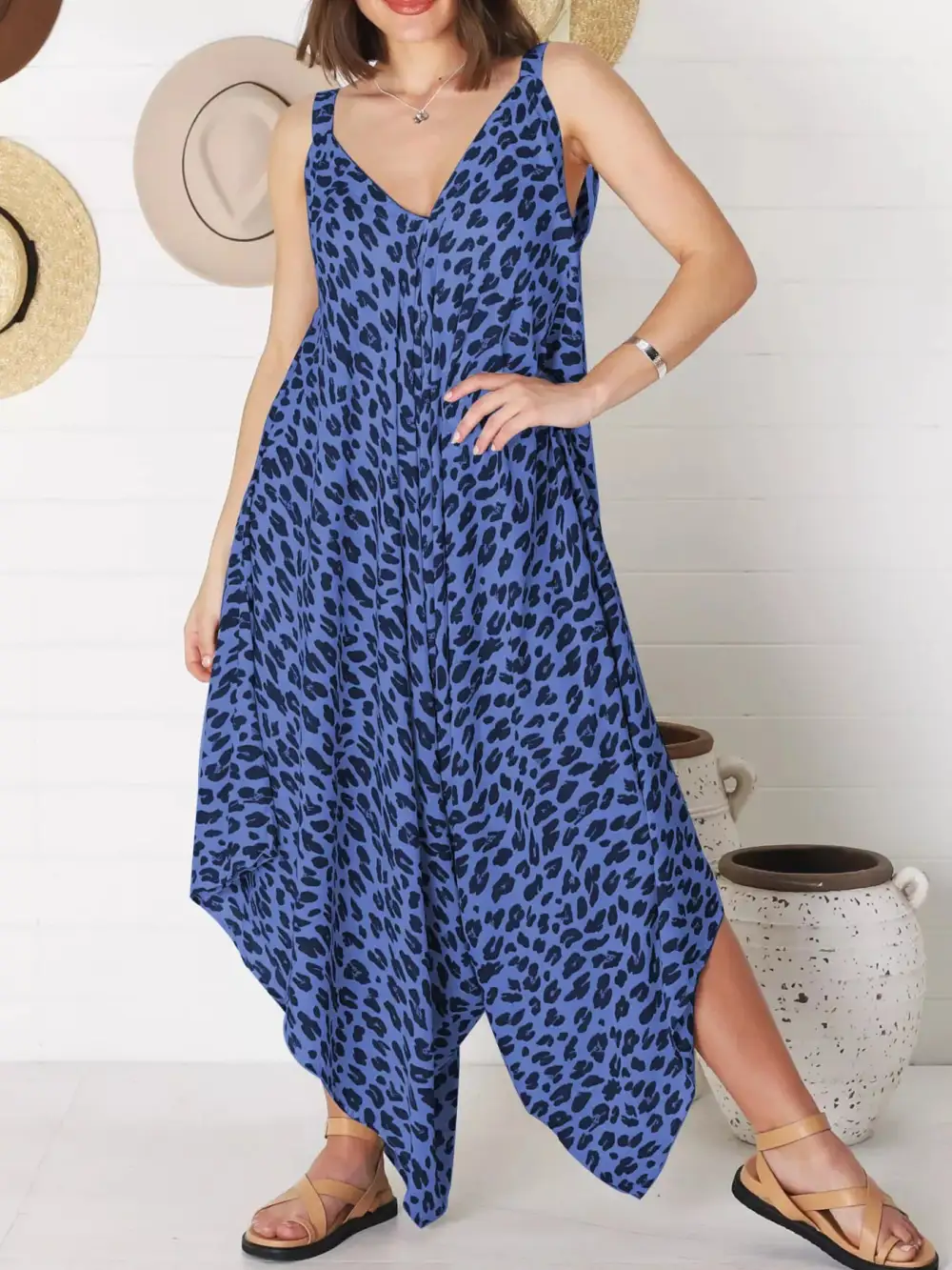 Plus Size Leopard Print V Neck Jumpsuit