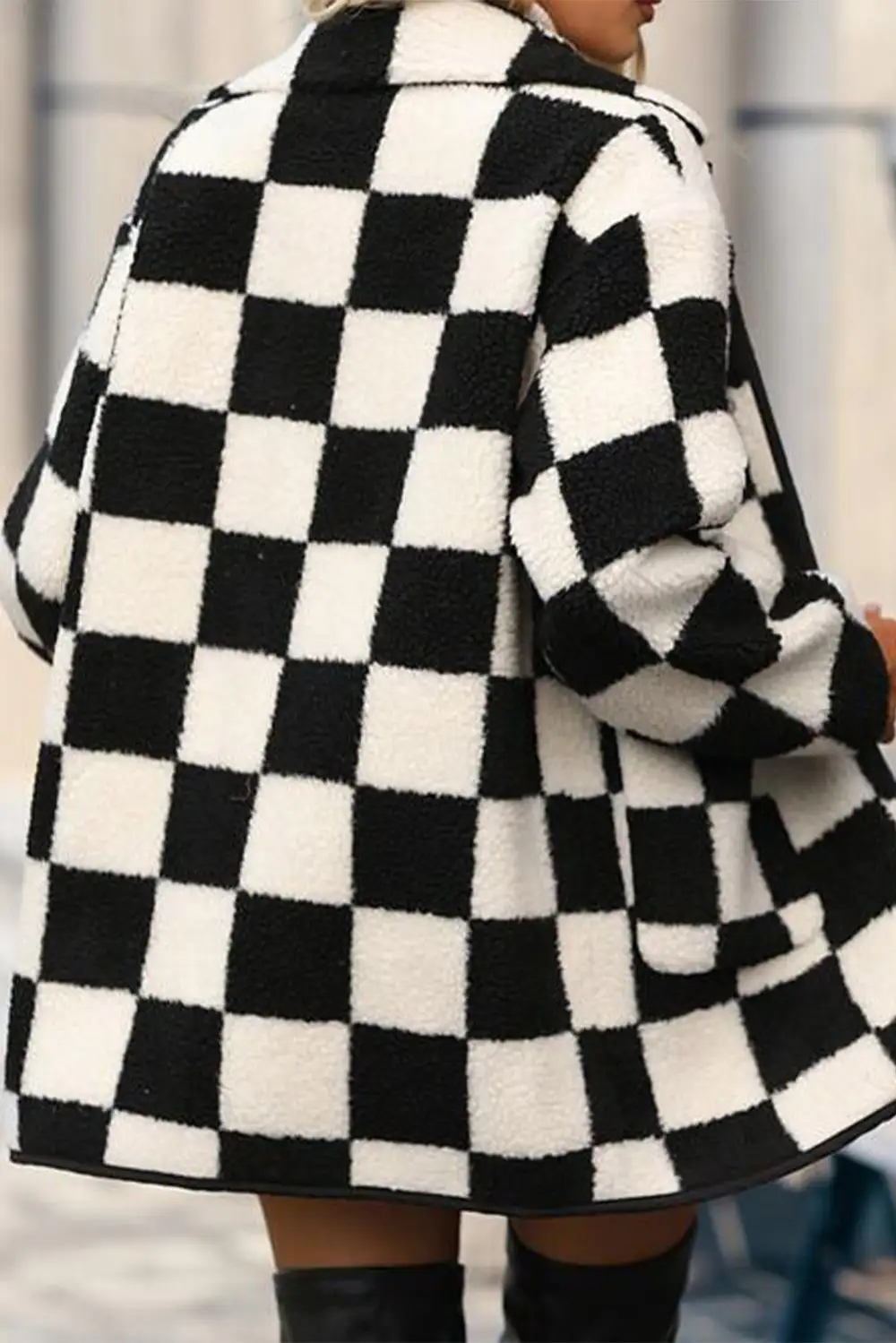 Checkered Side Pockets Collared Button Fleece Jacket