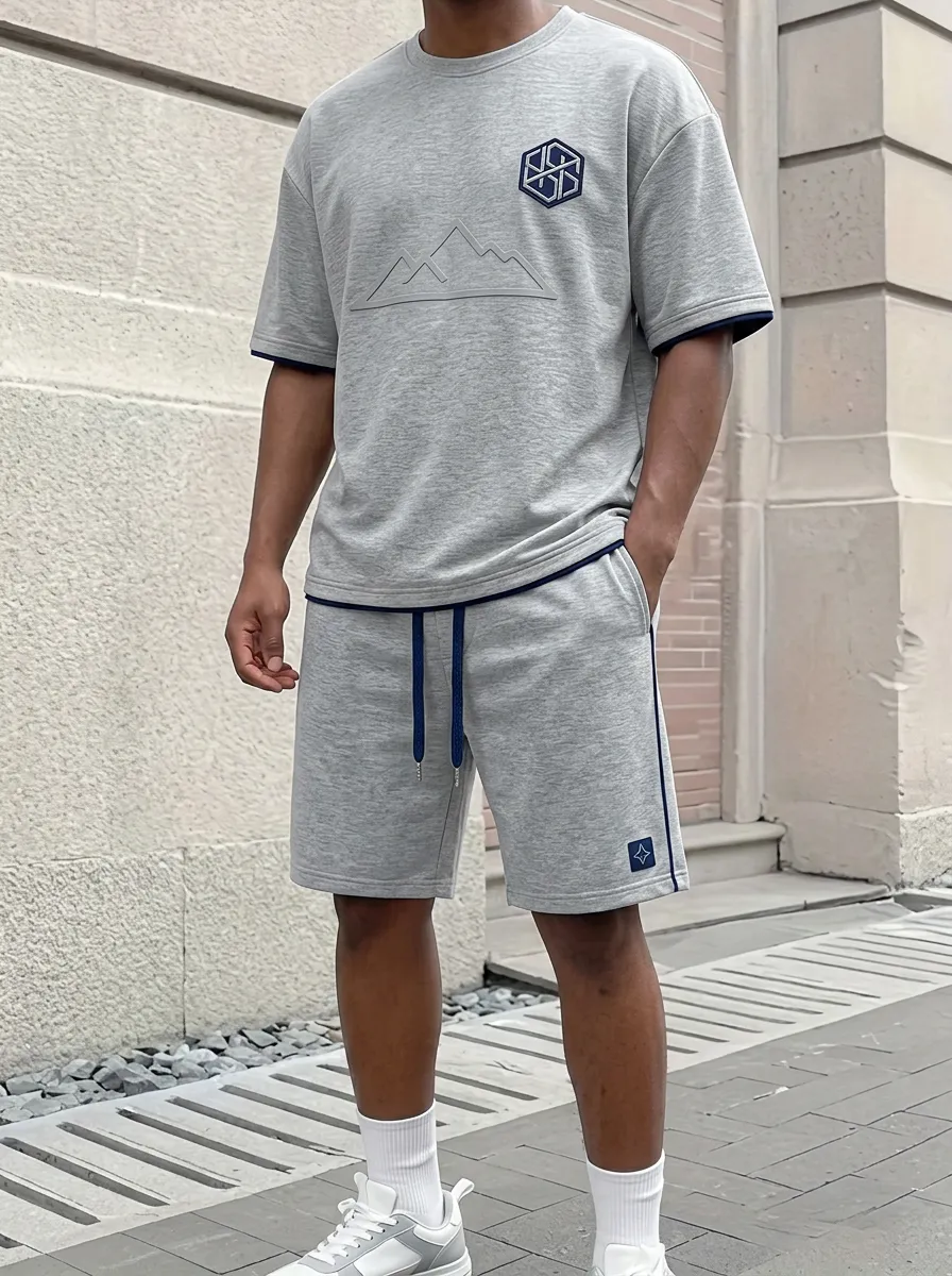 Classic Mountain Graphic Geometric Pattern Essential Men's T-Shirt And Shorts Set
