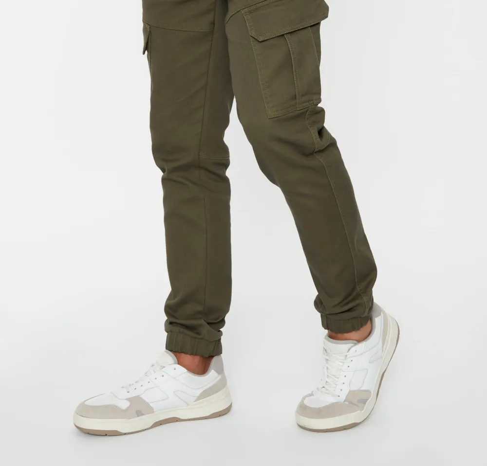 Men's Khaki Green Slim-Fit Cargo Pocket Jogger Style Pants