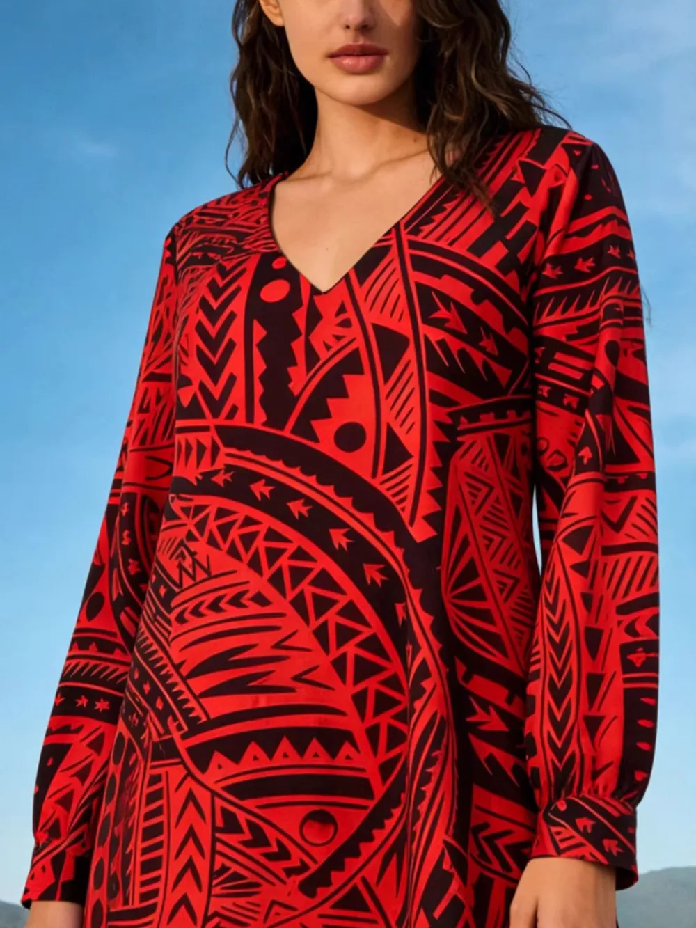 Geometric Print Ribbed V Neck Dress Casual