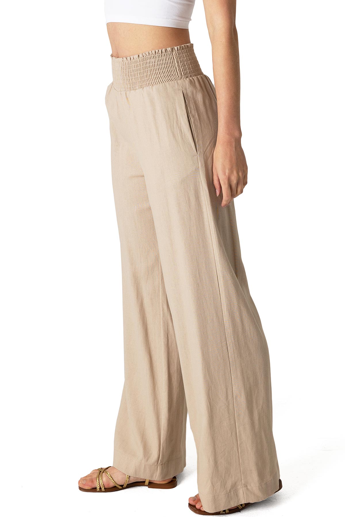 Tan Smocked - Waist Palazzo Pants