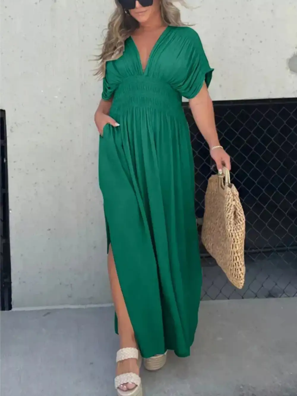 V Neck Smocked Slit Maxi Dress