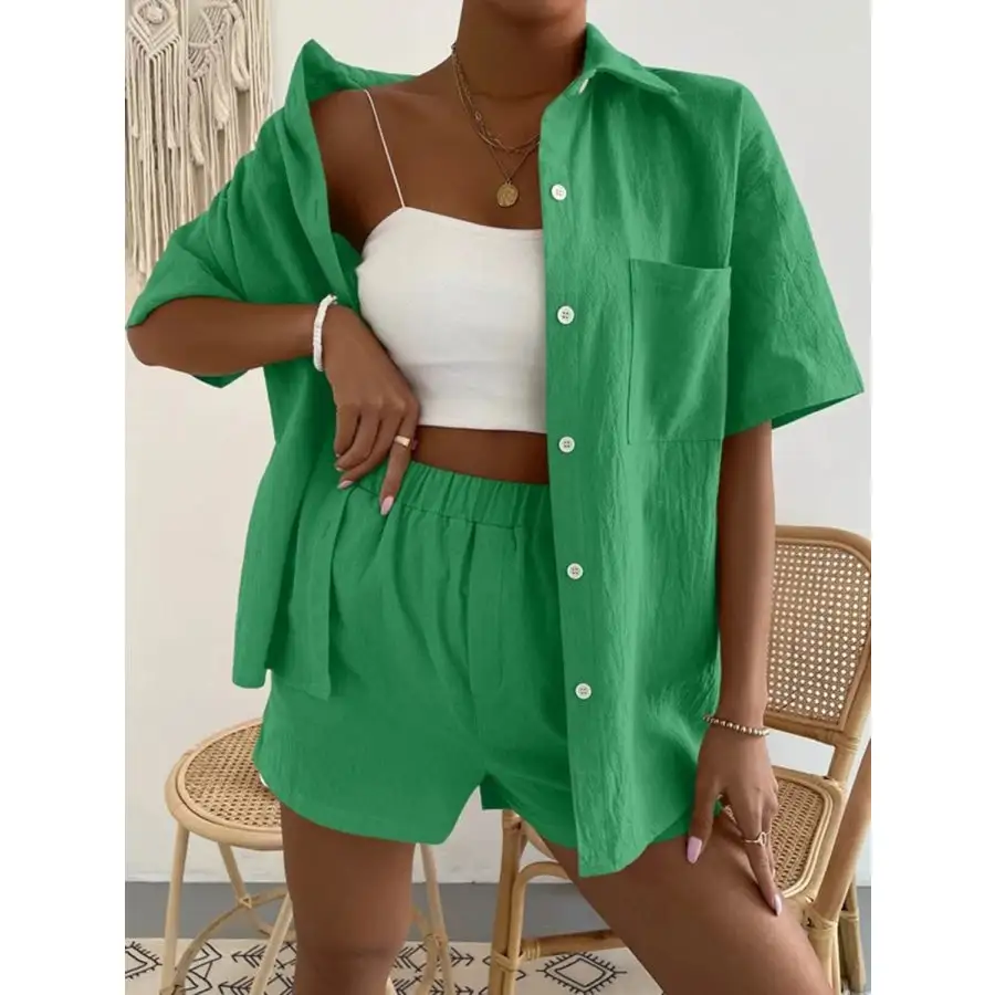 Button Up Short Sleeve Shirt and Shorts Set