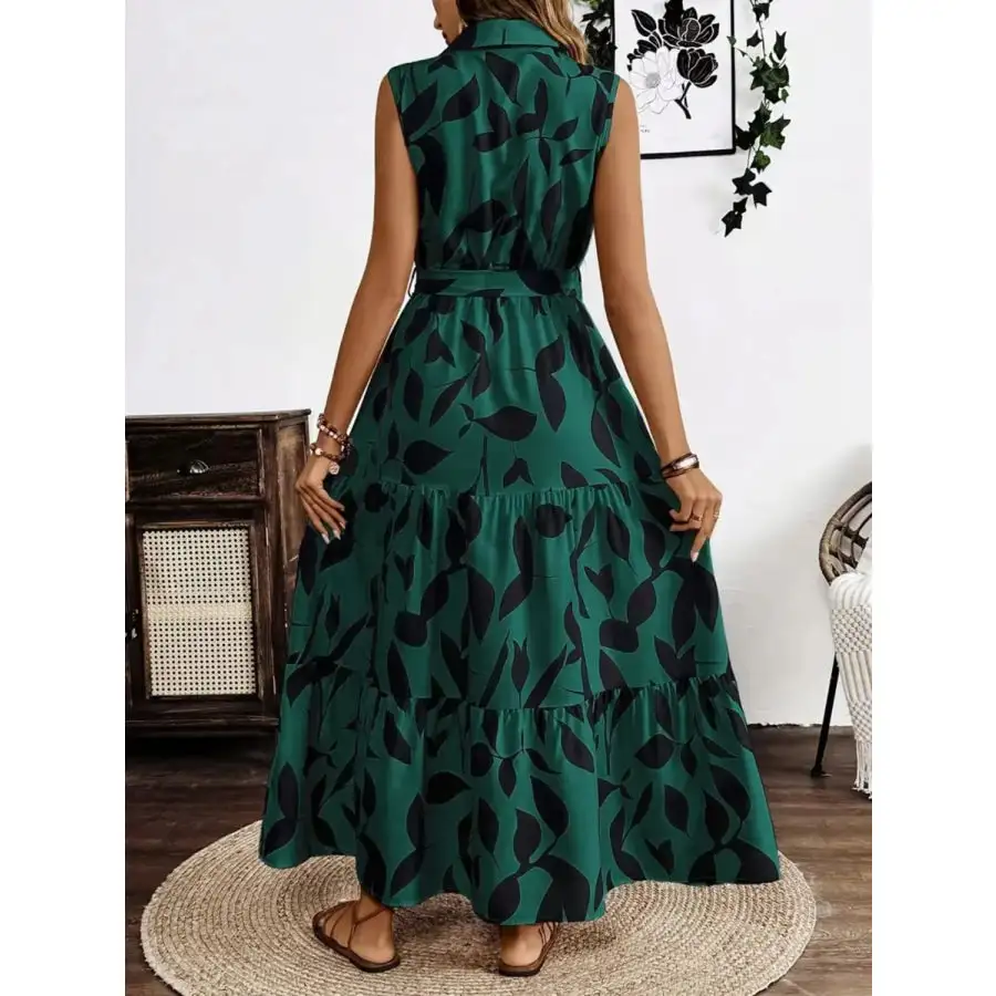 Printed Tie Waist Sleeveless Maxi Dress