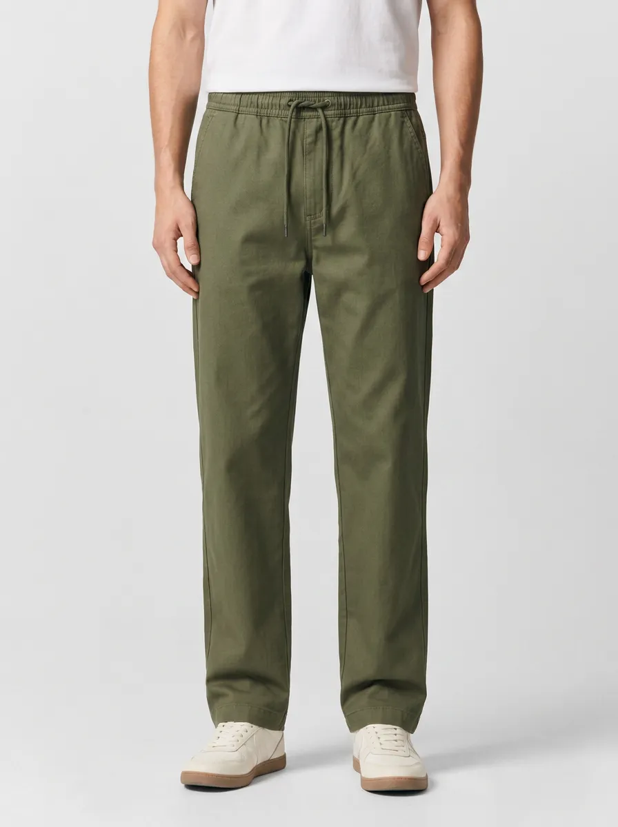 Men's Olive Green Drawstring Elastic Waist Casual Trousers