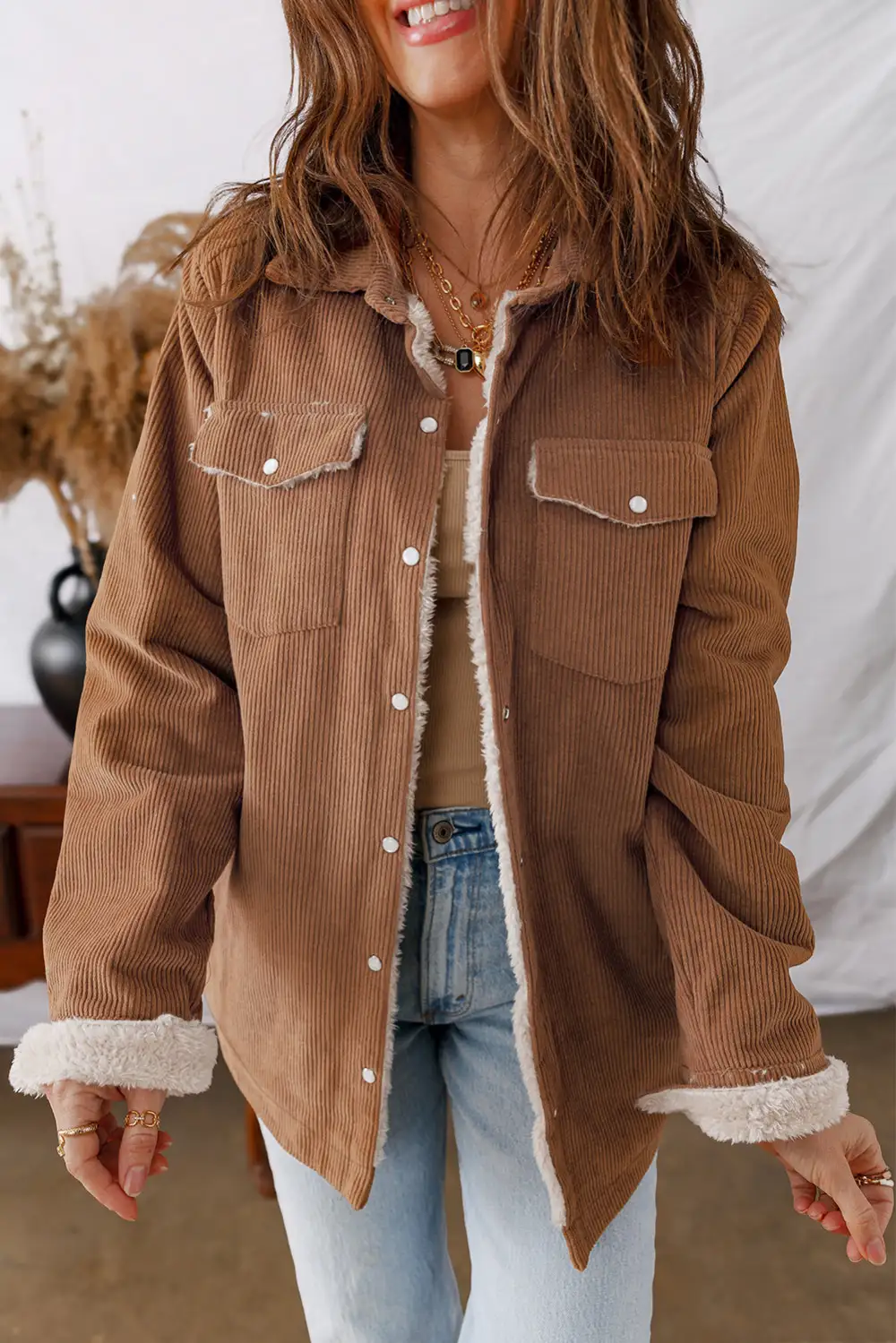 Cinnamon Fleece Lined Button Flap Pockets Corduroy Jacket
