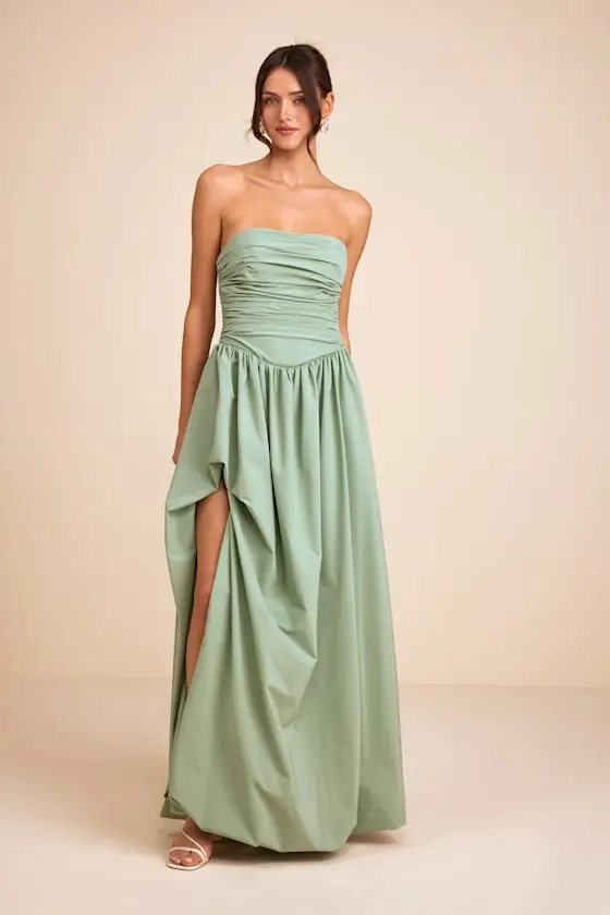 Marilou Light Yellow Strapless Ruched Lace-Up Maxi Dress