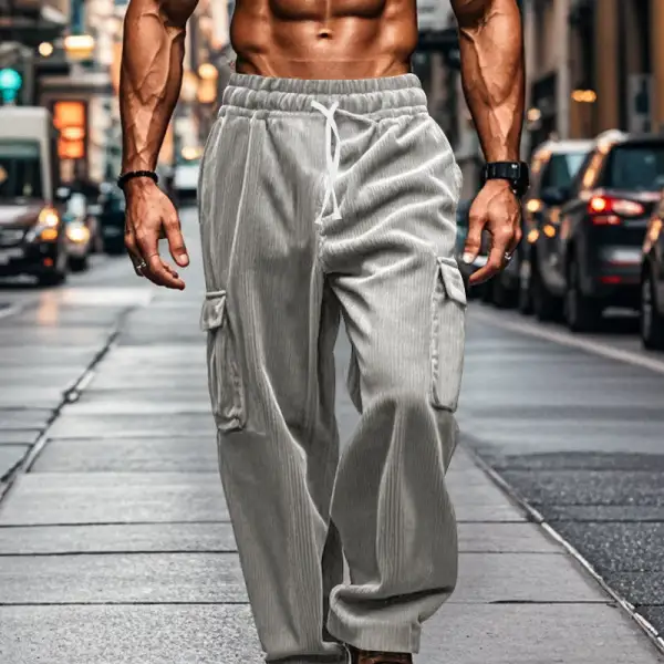Men's Oversized Corduroy Cargo Pants with Elastic Drawstring Waistband and Multiple Pockets