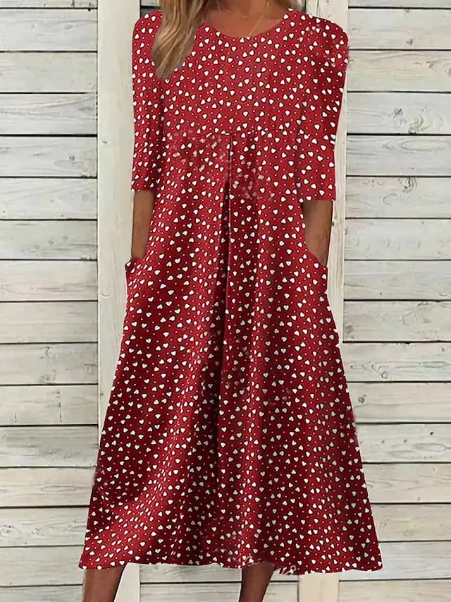 Showy Red 3/4 Sleeve Print Midi Dress