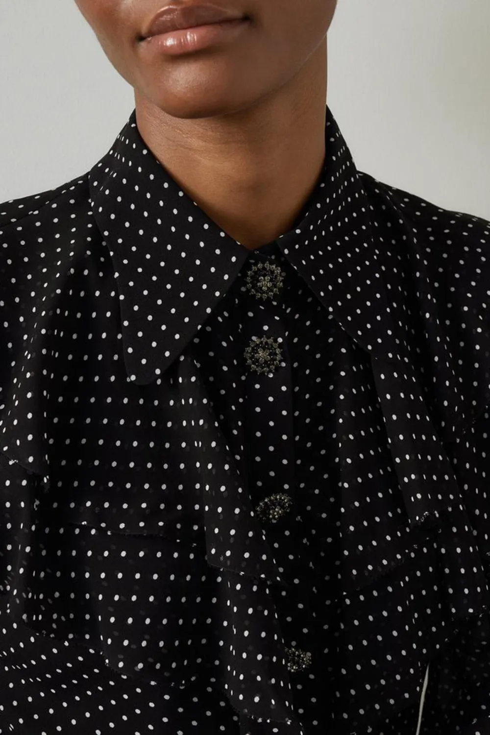 Black Polka Dot Ruffle Trim Long Sleeve Shirt