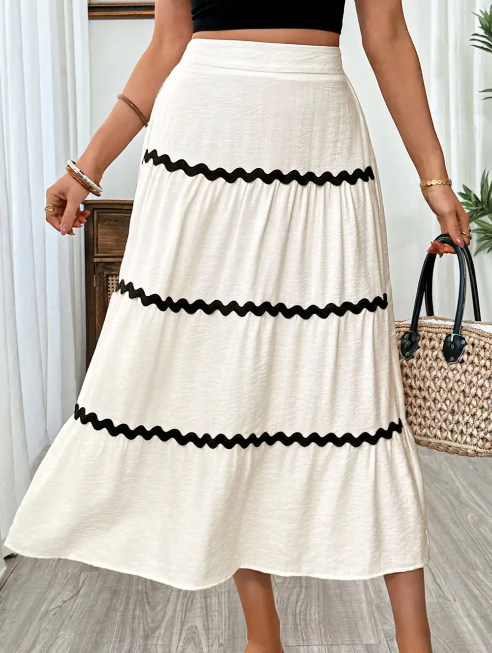 Block Elastic Waist Midi Skirt