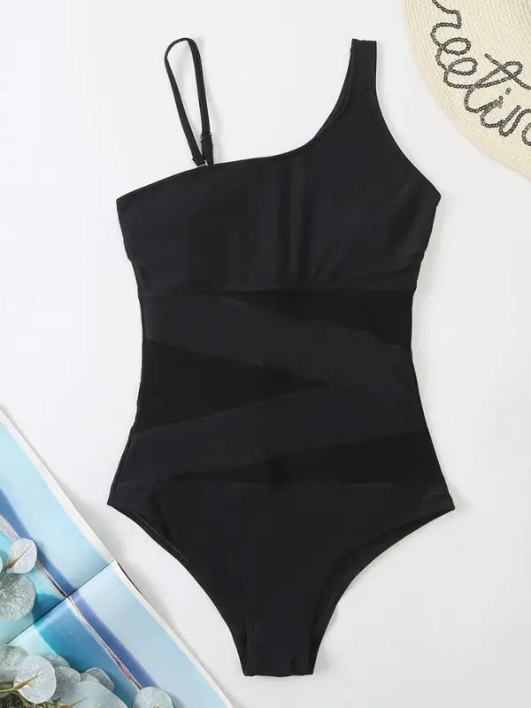 Asymmetrical Gauze Spliced One Piece Swimsuit