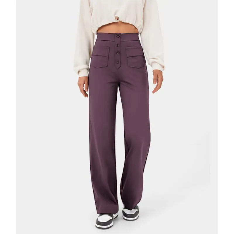 High Waisted Pockets Straight Leg Casual Pants