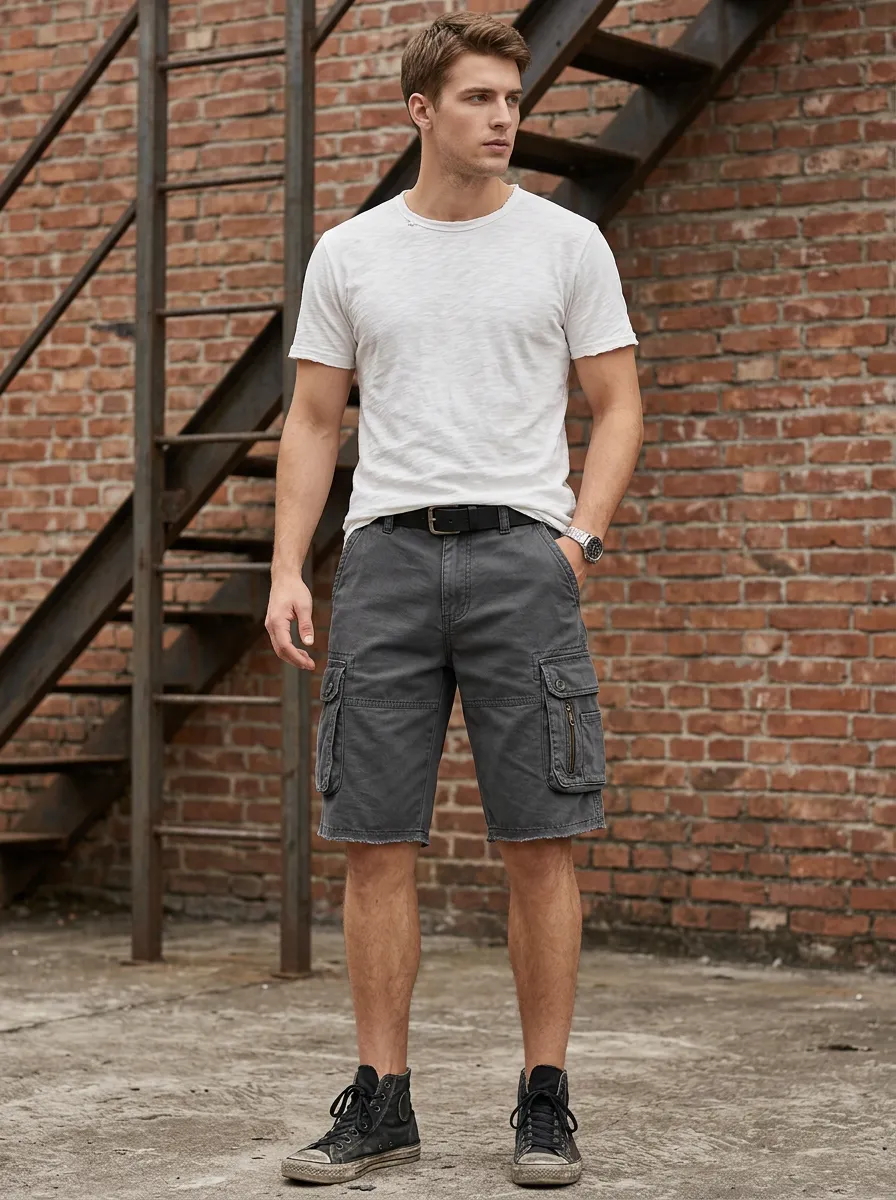 Men's Multi-Pocket Cargo Shorts Featuring Button Zip Fly