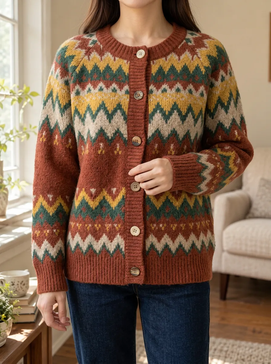 Women's Vintage Style Geometric Fair Isle Pattern Printed Cardigan