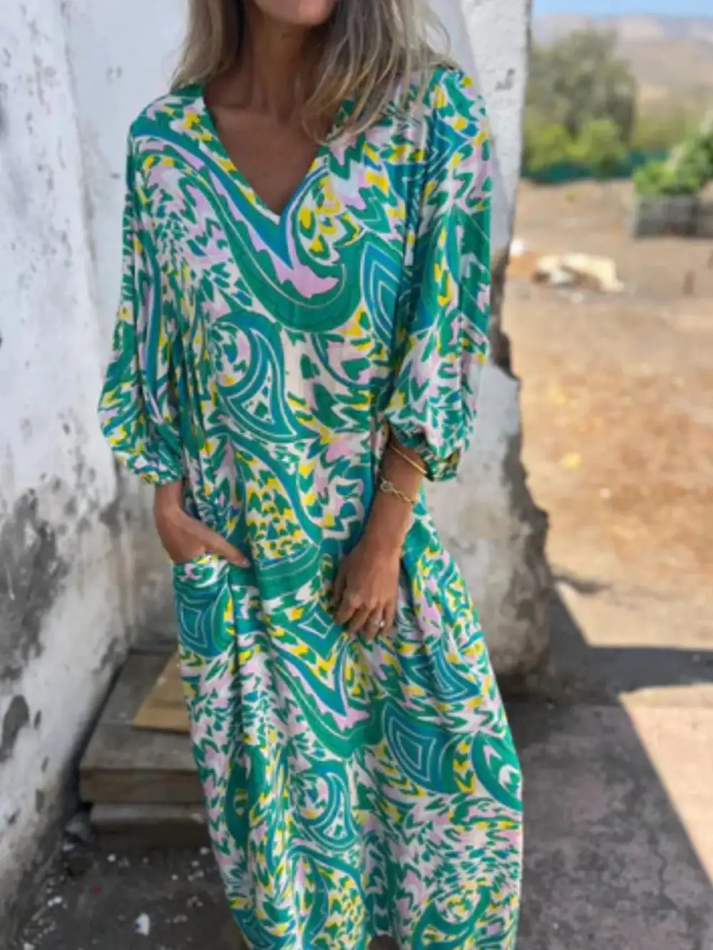V-Neck Printed Midi Dress