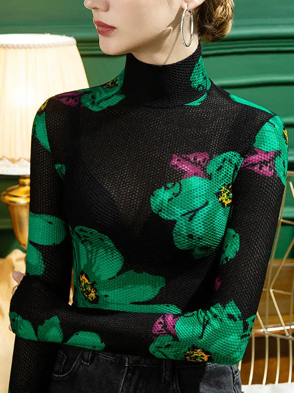 Urban Slim Fit Lace Detail Print Half Turtleneck T-Shirt