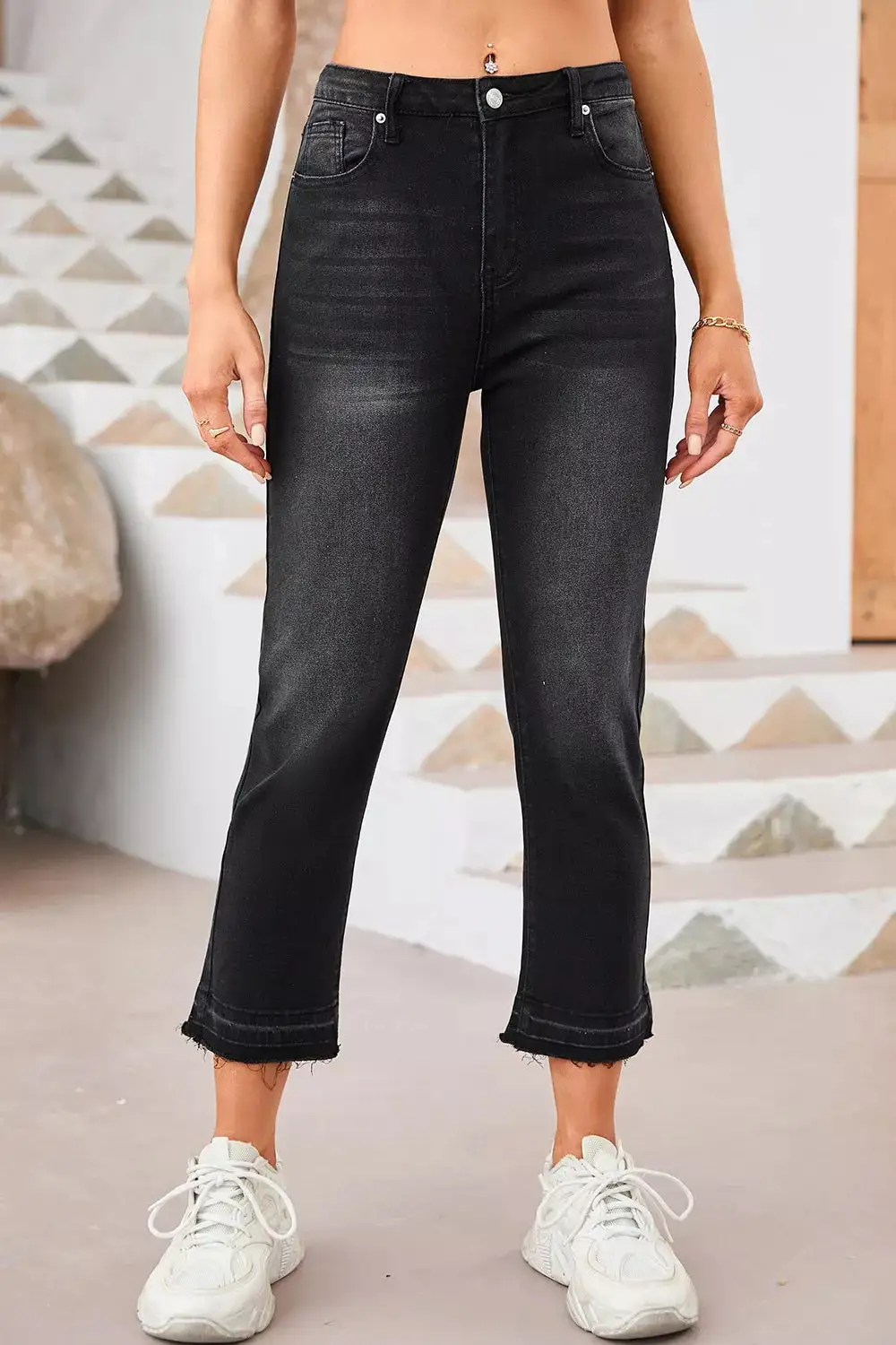 High Waist Straight Leg Distressed Denim Jeans