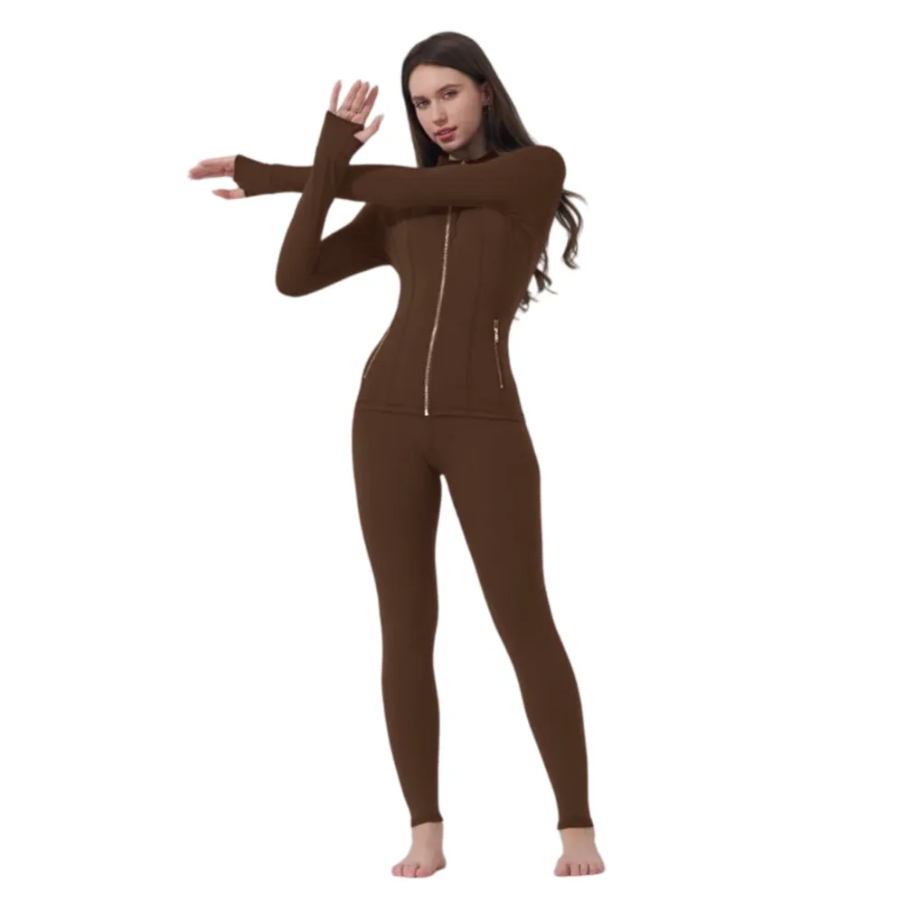 Women's Sporty Tracksuit Set , Golden Zipper Jacket with Pockets & Yoga Pants