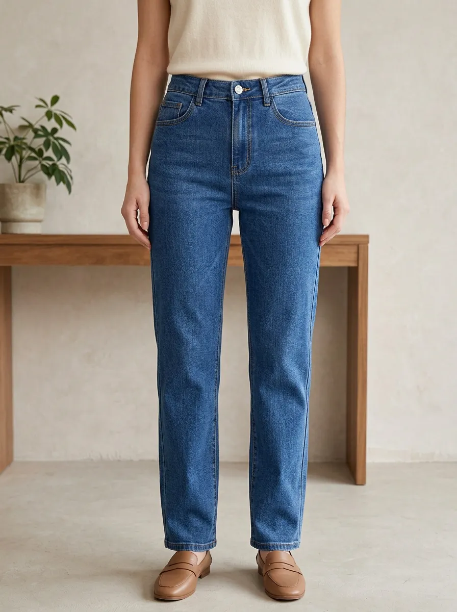 Women's High-Waisted Blue Denim Straight Leg Jeans
