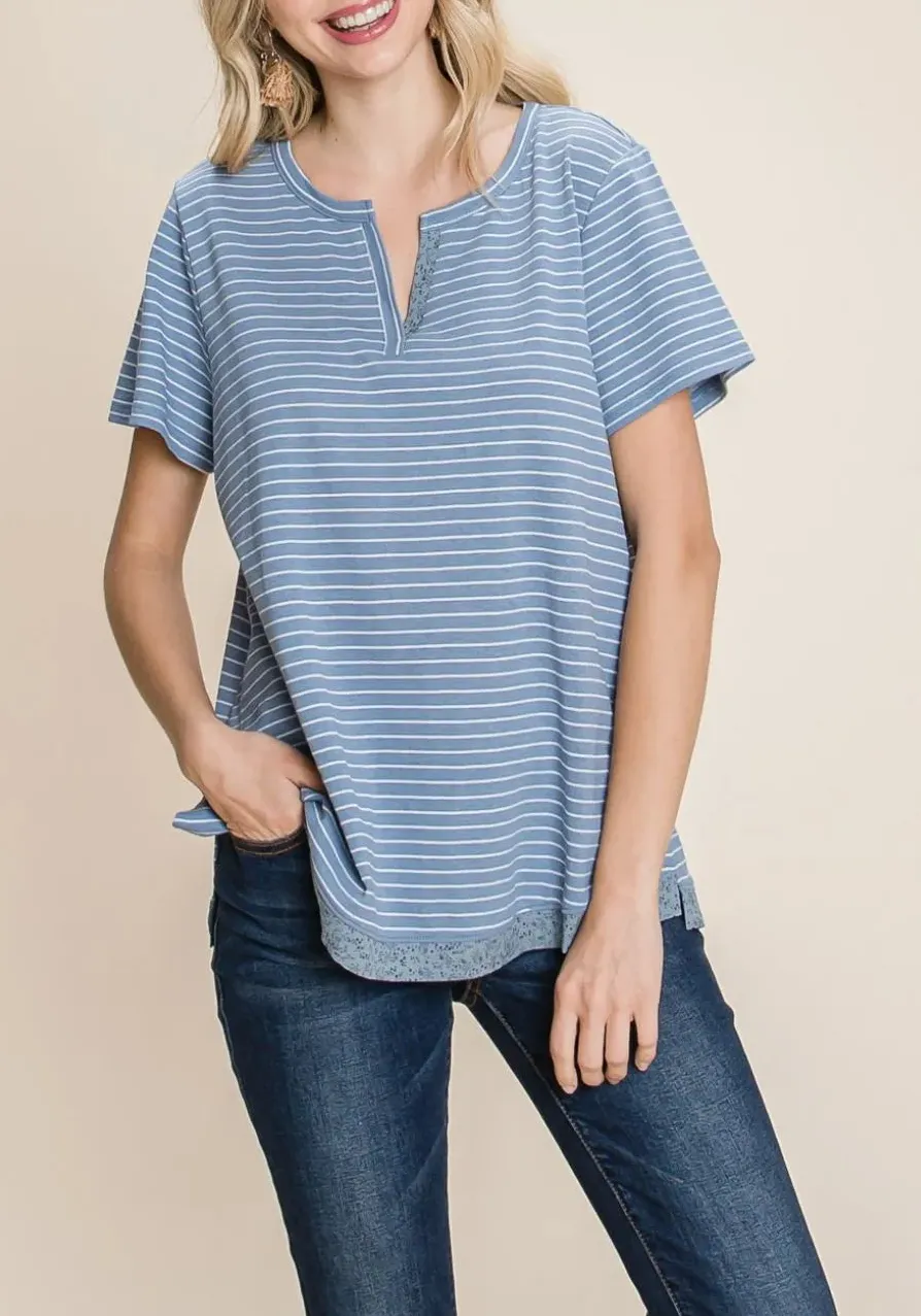 Notched-Neck Short-Sleeve Striped Cotton T-Shirt