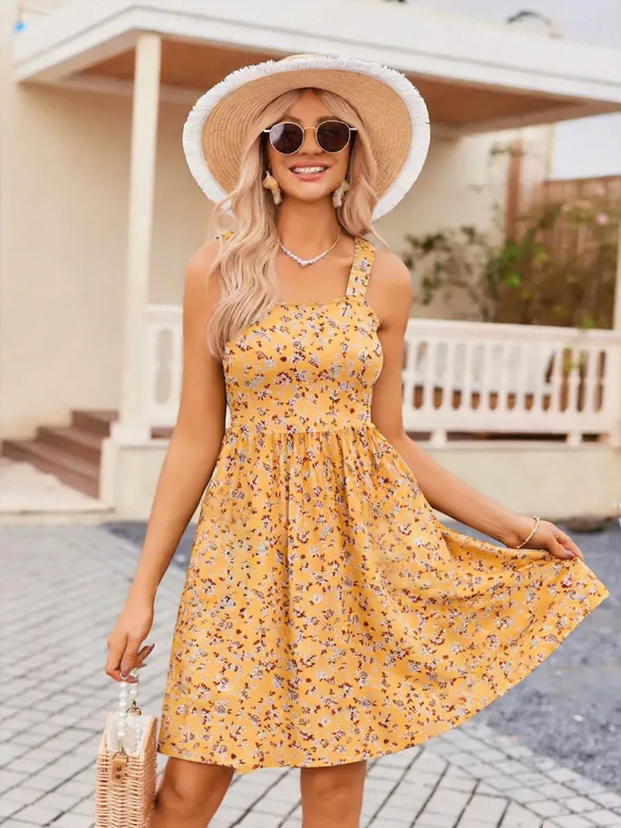 Women's Summer Dress Floral Square Neck Sleeveless Casual Dress