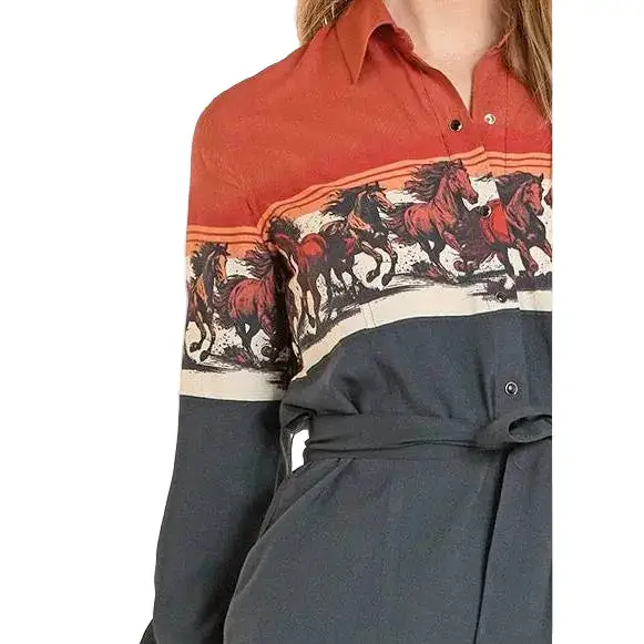 Rayon Embroidered Snap Front Casual Dress