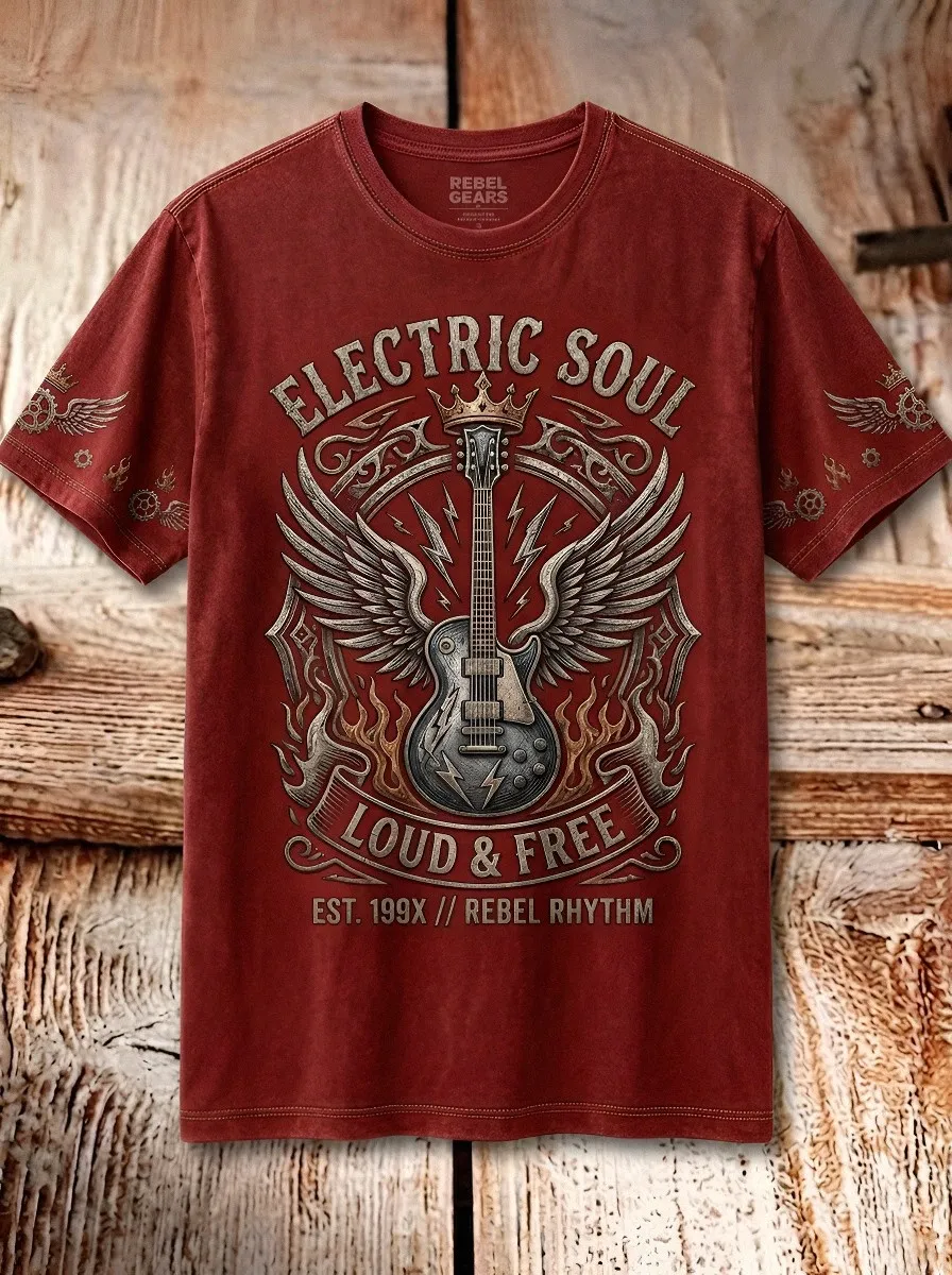 Men's Rock Music Lover Electric Guitar Winged Crown Printed T-shirt