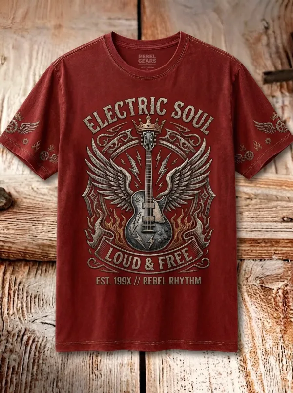 Men's Rock Music Lover Electric Guitar Winged Crown Printed T-shirt