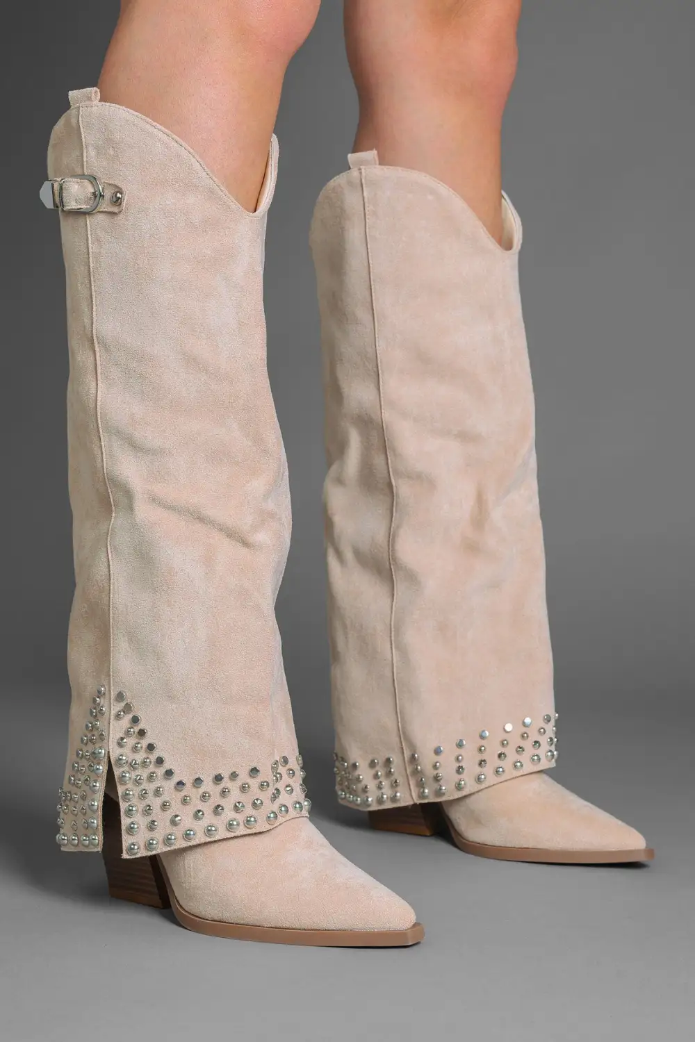 Classic Western Slouch Fold-Over Studded Knee High Boots