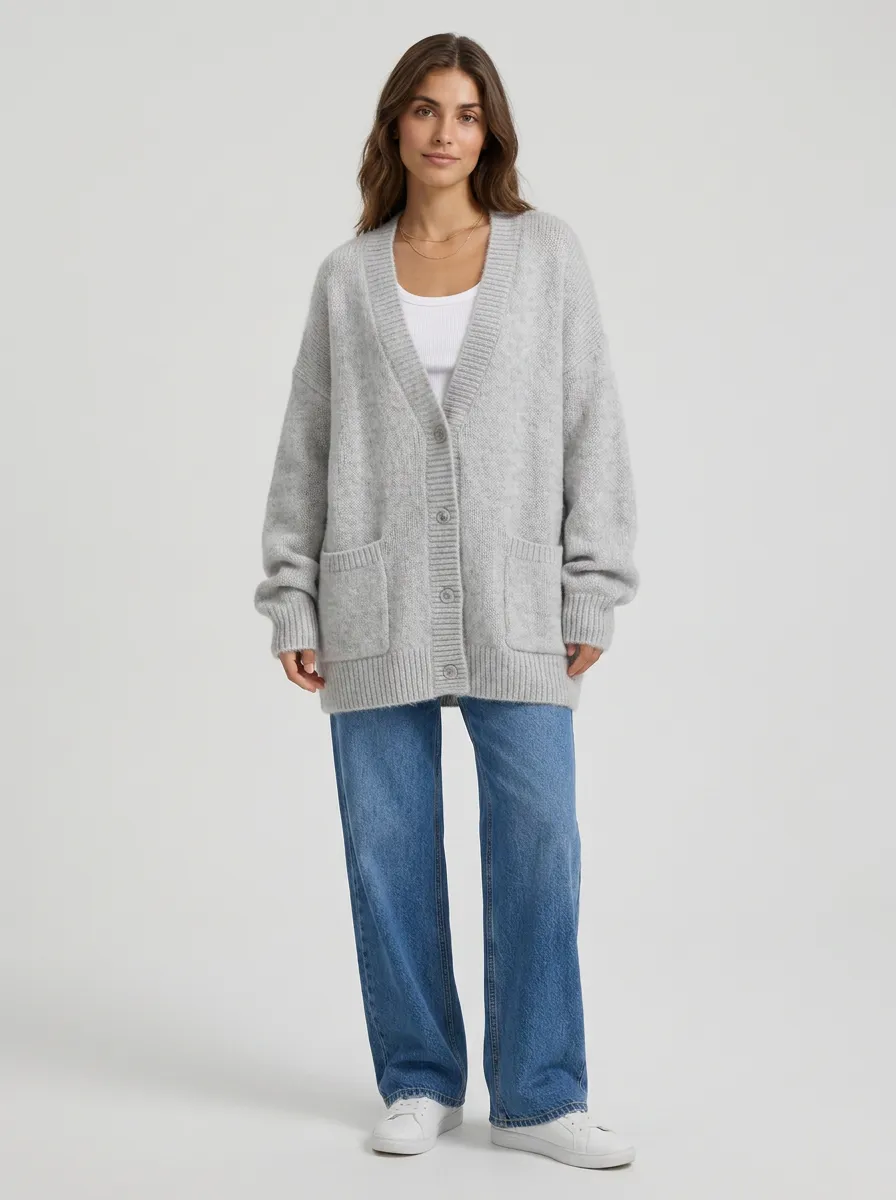 Women's Casual Oversized Grey Knit Button-Down Cardigan