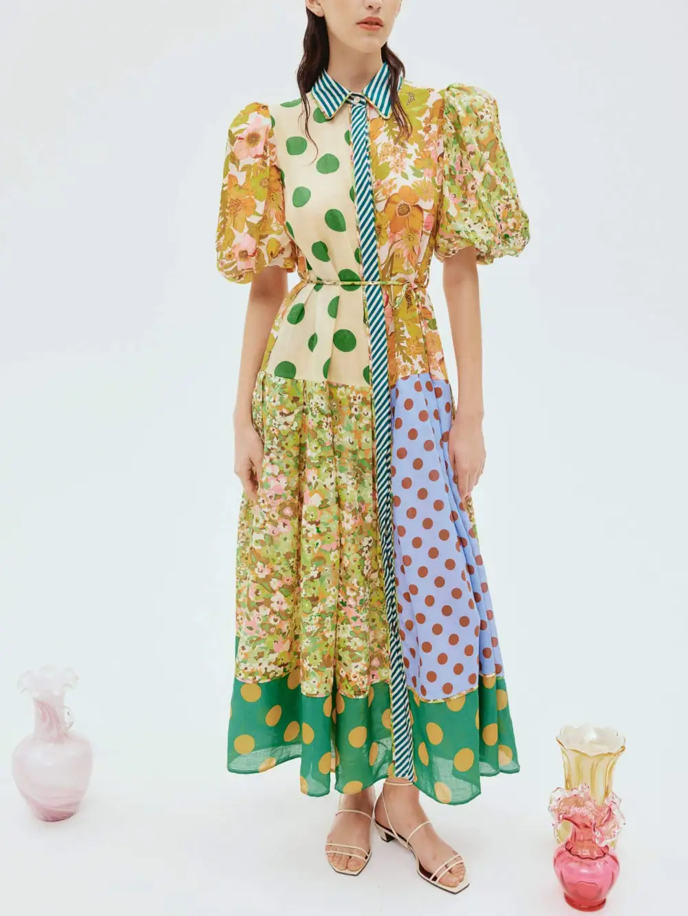 Retro Floral Print Puff Sleeve Midi Dress