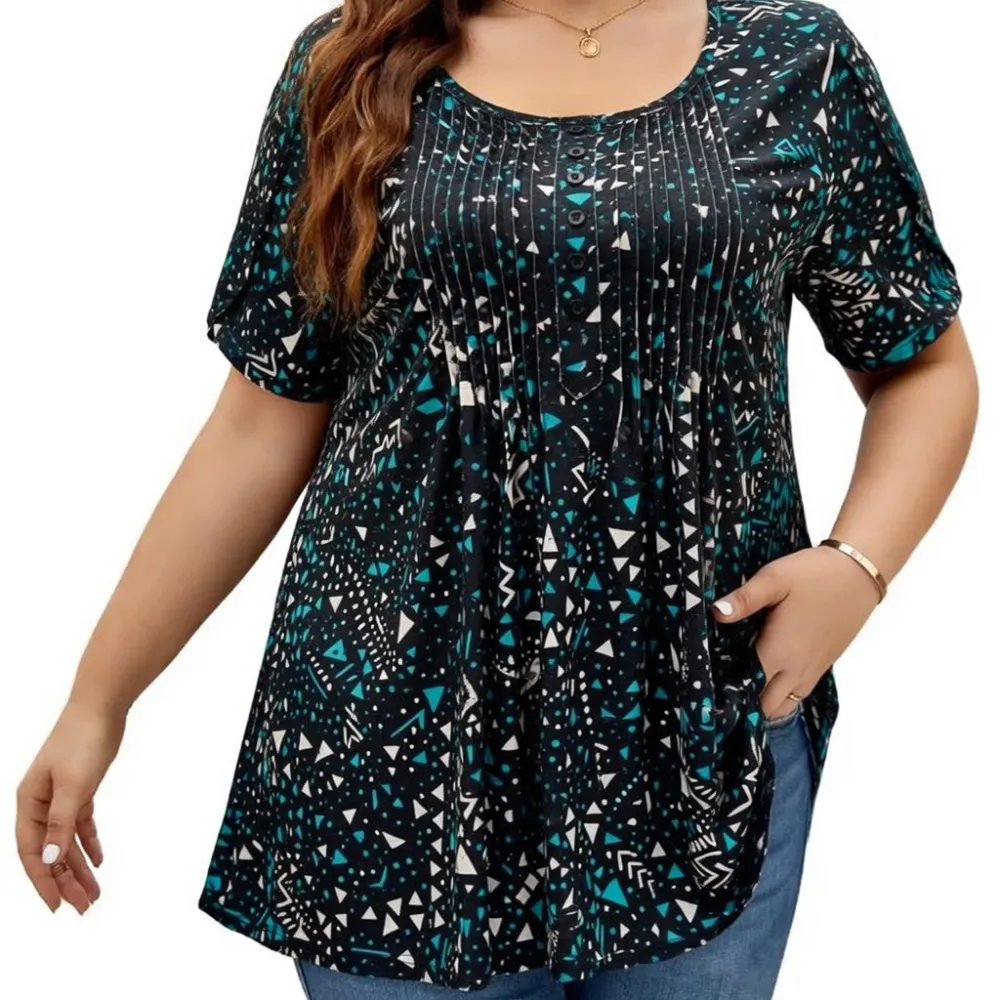 Women's Plus Size Summer Waist-Cinching Top with Round Neck and Printed Casual Short Sleeves
