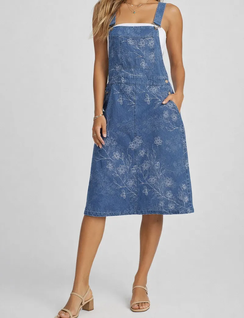 Pattern Two Strap Shoulder Denim Midi Dress