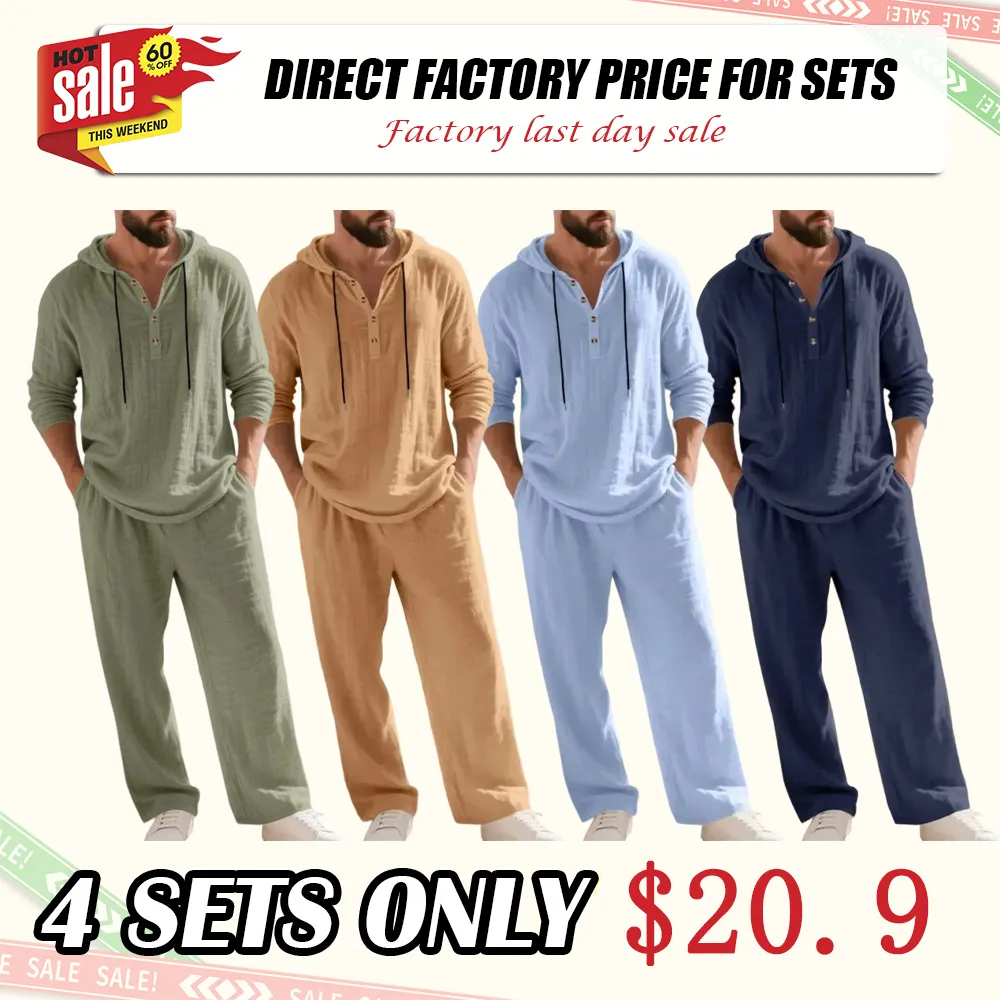 Men's fashionable linen hooded two-piece set, casual vacation style