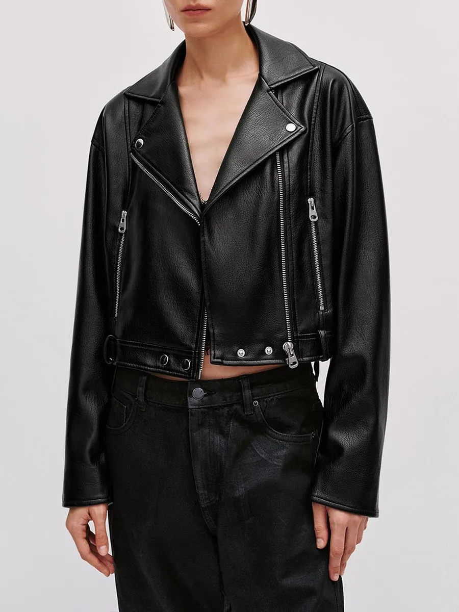 Ladies' Black Zipper Large Lapel Elegant Classic Style Jacket