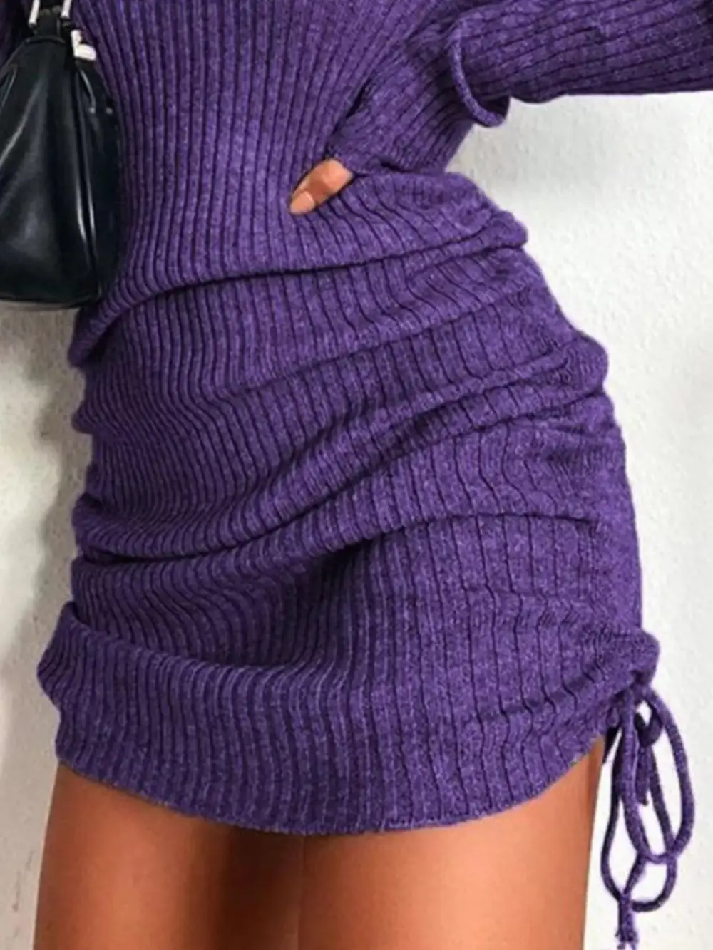 Ribbed Knit Drawstring Sweater Dress