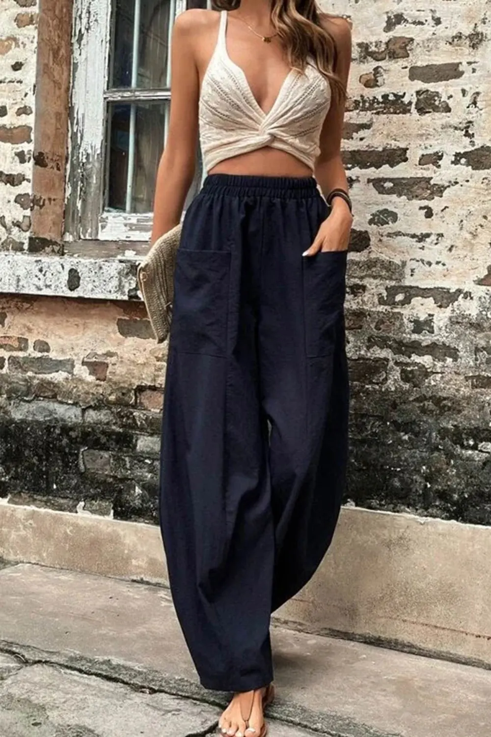 Elastic Waist Pocket Harem Pants