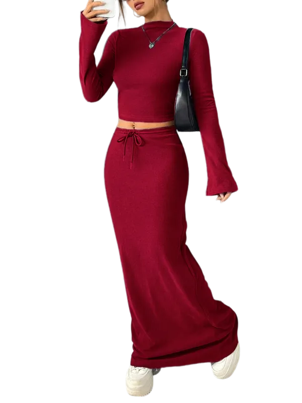 Women's Solid Flounce Sleeve Crop Tee & Skirt Two-piece Set for Daily Outdoor Wear, Women's Clothing for Spring & Fall
