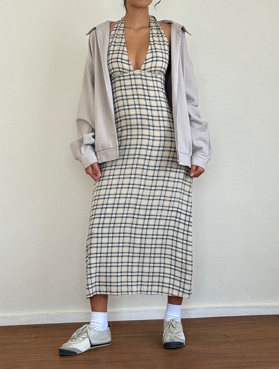 Halterneck Midi Dress In Pastel Blue Tartan
