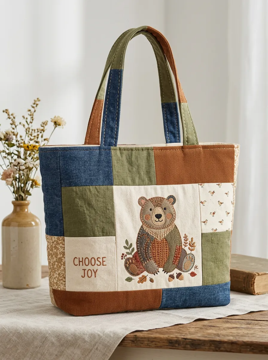Nature Lover Bear Choose Joy Patchwork Printed Tote Bag