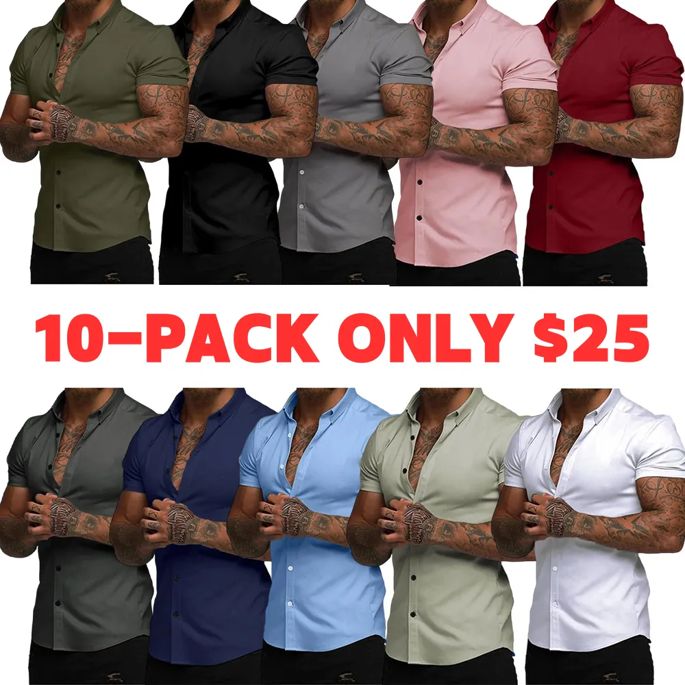 Men's Muscle Fit Dress Shirts Casual Button Down Shirt Short Sleeve Wrinkle-Free Shirts
