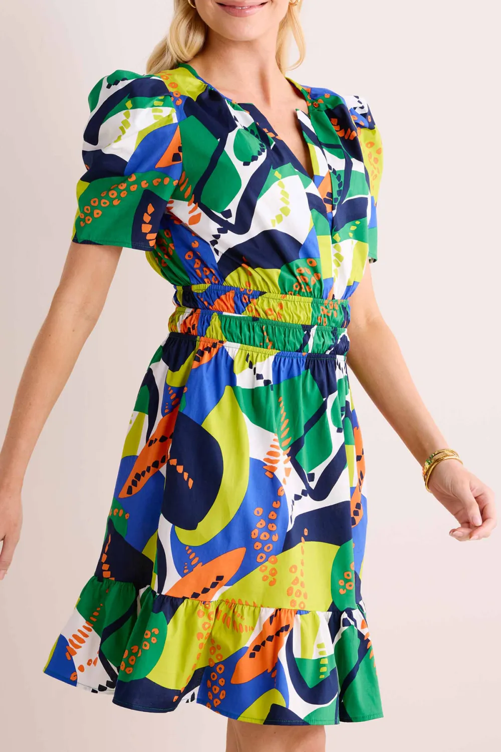 Multi Abstract Print V-Neck Short Sleeve Dress